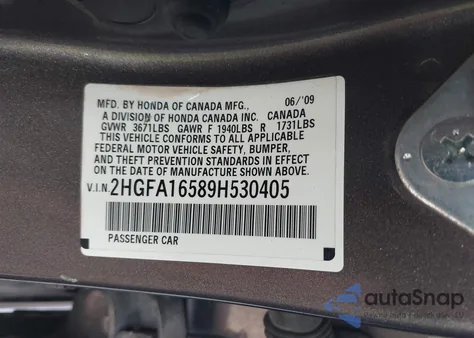 2009 Honda Civic Lx z USA, uszkodzony, nr VIN 2HGFA16589H530405